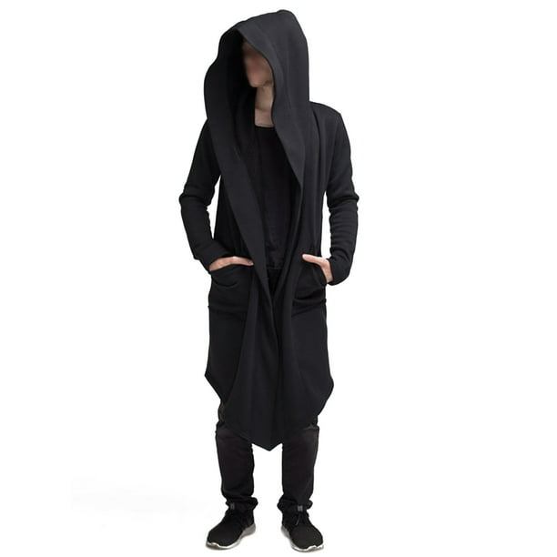 Mens Open Front Long Sleeve Hooded Cardigan Lightweight with Pockets Black L 